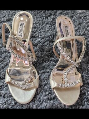 Badgley Mischka Metallic Gold Crystal-Strap Heeled Sandals